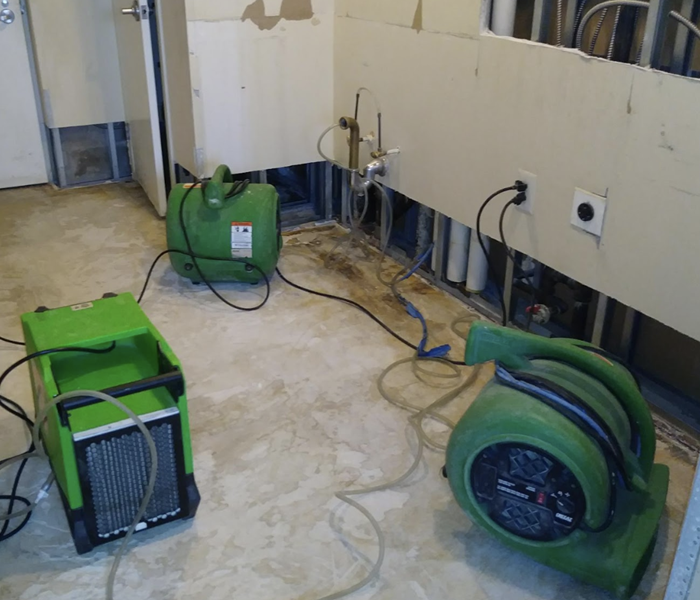 3 pieces of green drying equipment set up in a room with removed flooring and baseboards