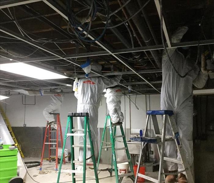 SERVPRO team members in full protective gear standing on ladders.