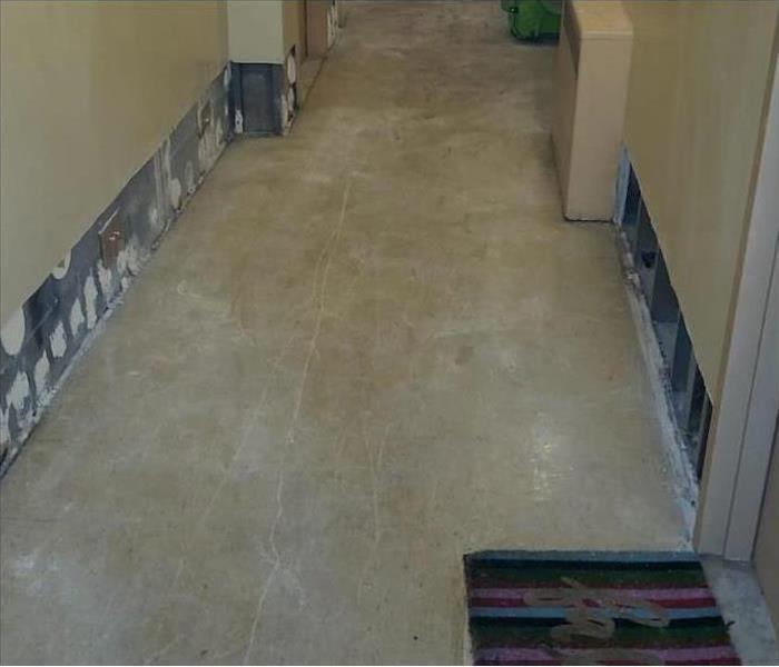 Hallway of a commercial building, drywall has been removed.