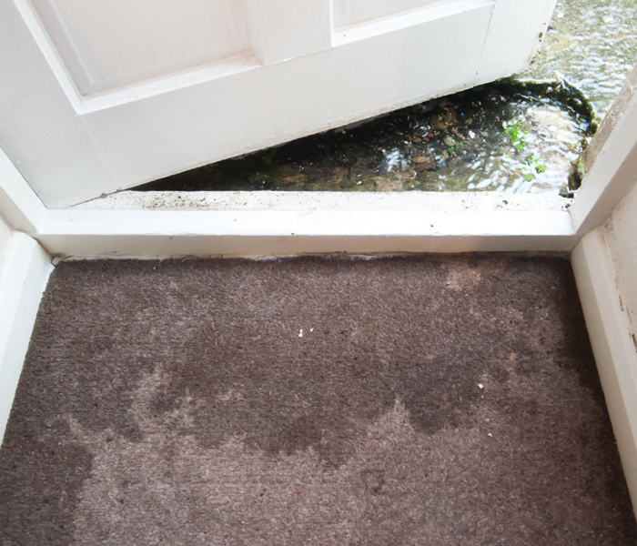 water coming in through a doorway and on to grey carpet